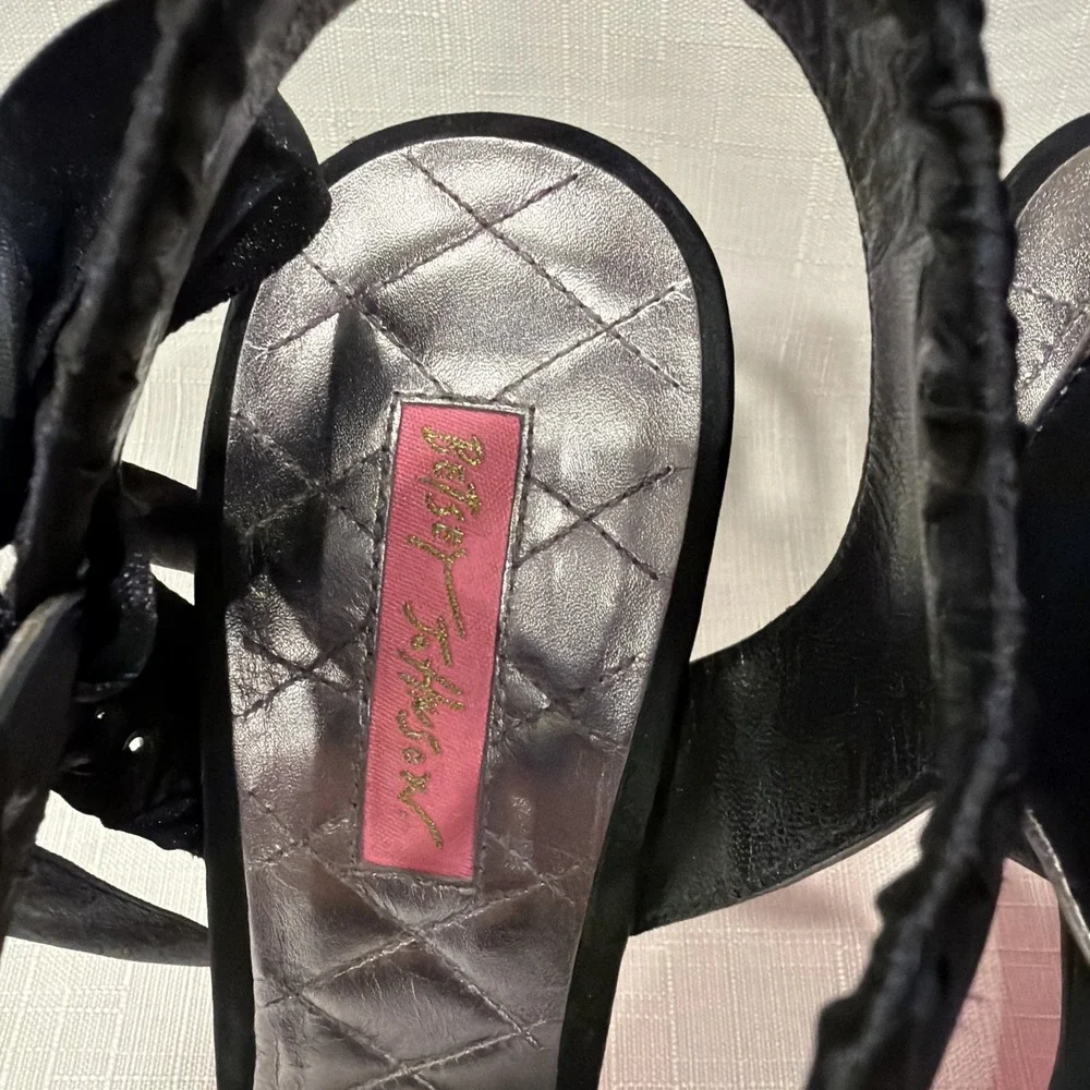 Betsey Johnson Black Satin Heels Stilettos Ankle Strap Bow Sz. 9.5 M Silver Trim